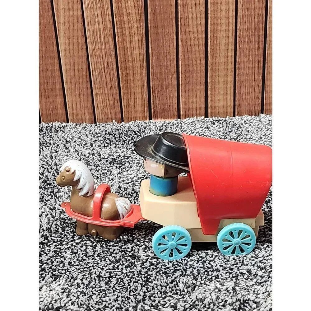 Toy Wagon Vintage Collectible Wind Up Toy Plastic Covered Horse and Driver #A92